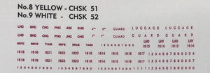 CHSK 52W in white OZZY PASS DECAL : Ass, codes & car No's of LHG, SHG, CHG, PHG, JHG, GHG, TAM, MCE, MFE, LHO, LHY,  with "GUARD" 'LUGGAGE'.