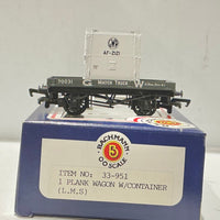 1 PLANK WAGON WITH CONTAINER “L.M.S.” #33-951 BACHMANN BRANCH LINE PRE-OWNED