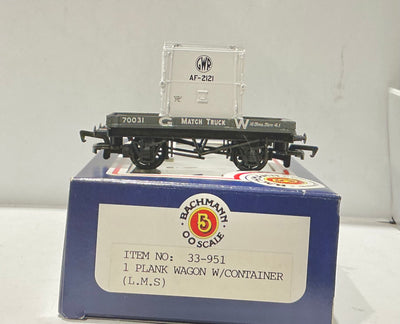 1 PLANK WAGON WITH CONTAINER “L.M.S.” #33-951 BACHMANN BRANCH LINE PRE-OWNED