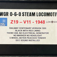 V 11 Z19 1948 CENTENARY 1955 DCC-SOUND, Cut-Way Cab, White Roof with no generator, no Marker Lights, no HEADLIGHT, 6 Wheel Tender, CASULA HOBBIES RTR Models.