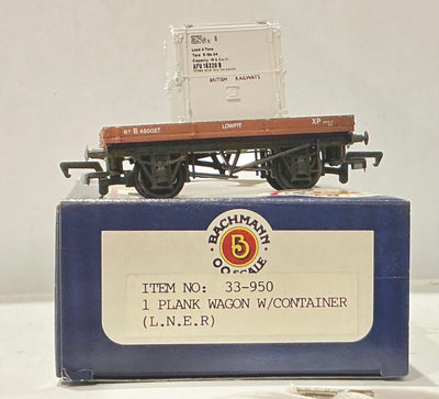 1 PLANK WAGON WITH CONTAINER (L.N.E.R) #33-950 BACHMANN BRANCH LINE PRE-OWNED