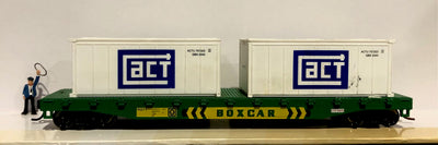 HO Container RQYY Flat BOXCAR Wagon with two ACT 20ft containers, Kadee's, Metal wheel. good condition