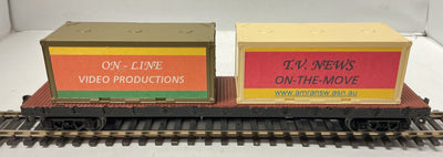 Flat wagon with 2 X ON - LINE VIDEO PRODUCTION Containers (TO GO WITH CAMERA CREW WAGON) - HO bogies, with Kadee Couplers, very good condition 2nd hand