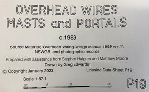 P19 OVERHEAD WIRES, MASTS and PORTALS, c1989 DRAWINGS HO SCALE from DATA SHEETS Drawing NSWGR:  P19 NEW
