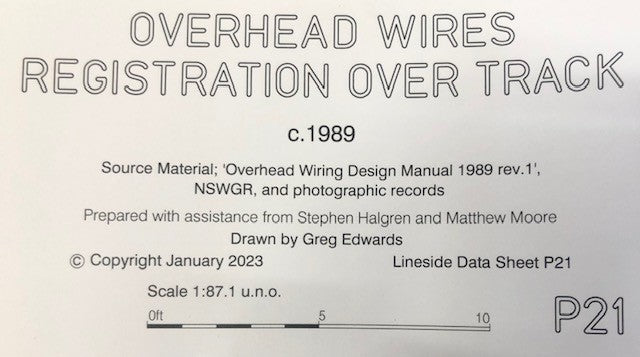 P21 OVERHEAD WIRES, REGISTRATION OVER TRACK, c1989 DRAWINGS HO SCALE from DATA SHEETS Drawing NSWGR:  P21 NEW