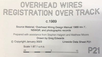 P21 OVERHEAD WIRES, REGISTRATION OVER TRACK, c1989 DRAWINGS HO SCALE from DATA SHEETS Drawing NSWGR:  P21 NEW