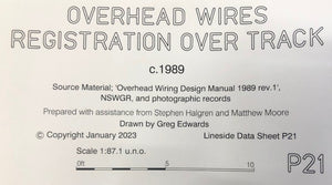 P21 OVERHEAD WIRES, REGISTRATION OVER TRACK, c1989 DRAWINGS HO SCALE from DATA SHEETS Drawing NSWGR:  P21 NEW