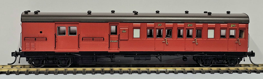 NOW IN STOCK- HCX03- 1384 Composite Passenger, Brake Van - Elliptical Roof, Indian Red, No Lining, Dark Grey Elliptical Roof - Casula Hobbies Model Railways