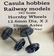 12.6mm with 3 holes wheels on 26mm axles; one pr. NEW Hornby Models