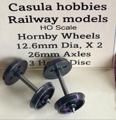 12.6mm with 3 holes wheels on 26mm axles; one pr. NEW Hornby Models