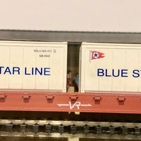 HO Container Flat Wagon with two BLUE STAR LINE 20ft containers, Kadee's, Metal wheel. good condition