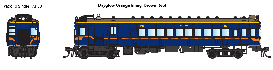 DERM DC Pack 10 containing RM60. VR Blue RAILMOTOR - Dayglow Orange Lining Brown Roof IDR MODELS, Free Postage