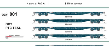 New re-run OCY #001 - pack of 4 wagons PTC TEAL 1973 - 63'Container Flat Wagons - SDS Models