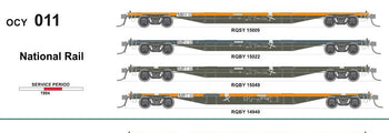New re-run RQSY - RQBY (OCY) #011 - National Rail - pack of 4 wagons 1994 - 63'Container Flat Wagons - SDS Models
