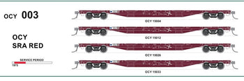 New re-run OCY #003 - pack of 4 wagons SRA RED 1975 - 63'Container Flat Wagons - SDS Models