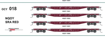 New re-run NQOY (OCY) #018 - pack of 4 wagons SRA RED 1983 - 63'Container Flat Wagons - SDS Models