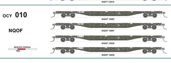New re-run NQOF (OCY) #010 - pack of 4 wagons 1985 - GREY 63'Container Flat Wagons - SDS Models