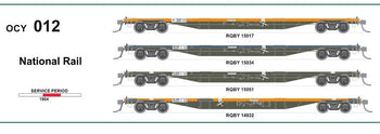 New re-run RQBY (OCY) #012 - National Rail - pack of 4 wagons 1994 - 63'Container Flat Wagons - SDS Models