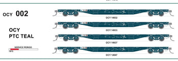 New re-run OCY #002 - pack of 4 wagons PTC TEAL 1973 - 63'Container Flat Wagons - SDS Models