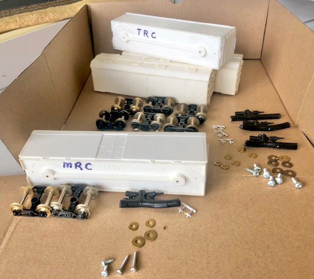 TRC - MRC four kits PARTLY BUILT Refrigerator Vans with K&S METAL WHEELS - bogies - detailing parts - very good condition - Silvermaz & TRAX KITS NOT COMPLETED (4)