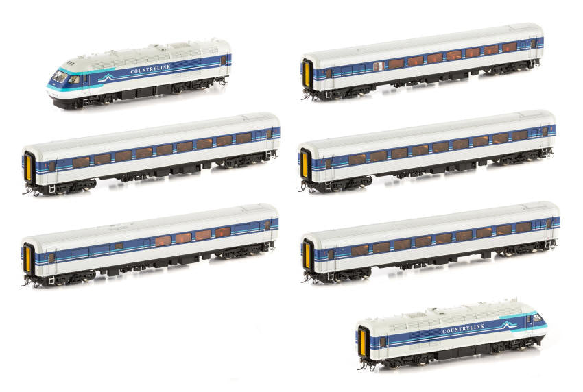 XPT-4s Sound SAR - CountryLink XPT, DCC - HO - Blue - Grey - White - 7 Car Set Loco & Car Numbers: XP2012, XFH2107, XF2207, XF2206, XBR2156, XL2229, XP2017 City of Melbourne Auscision Models: