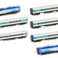 XPT-5 - DC - RailCorp CountryLink XPT, HO - Blue/Teal/White - 7 Car Set Loco & Car Numbers: XP2004, XFH2109, XF2210, XF2211, XBR2153, XL2231, XP2011 Auscision Models:  NSWGR