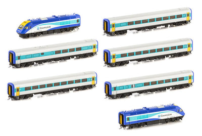 XPT-5 - DC - RailCorp CountryLink XPT, HO - Blue/Teal/White - 7 Car Set Loco & Car Numbers: XP2004, XFH2109, XF2210, XF2211, XBR2153, XL2231, XP2011 Auscision Models:  NSWGR