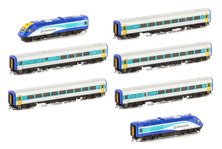 XPT-5s Sound Railcorp - CountryLink XPT, DCC - HO - Blue - Teal - White - Loco & Car Numbers: XP2010, XFH2108, XF2208, XF2209, XBR2151, XL2230, XP2018  Auscision Models