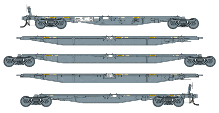 ART03 – RRAY PACIFIC NATIONAL RAIL 5 PIECE 73m RRAY ARTICULATED CONTAINER WAGONS #7134Q Southern Rail Models:NOW IN STOCK