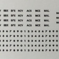 CHSK27W Assorted codes & car number in WHITE (CANDY). TAM, KAM, FG, KP, HFV, RFV, BV, SBX, SFX, HCV, ACE, MCE, MAL. OZZY PASSENGER CAR DECAL