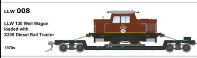 SDS Models - LLW 008- LLW 130 Well Wagon loaded with X205 Rail Tractor 1970s Wagon Grey no Buffers