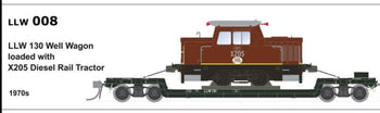 SDS Models - LLW 008- LLW 130 Well Wagon loaded with X205 Rail Tractor 1970s Wagon Grey no Buffers