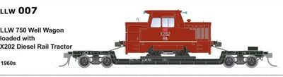 SDS Models - LLW 007- LLW 750 Well Wagon loaded with X202 Rail Tractor 1960s Wagon Grey with Buffers