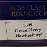 2nd Hand - STEAM LOCOMOTIVE NSWGR C36 class - 3609 Green Livery 'Hawkesbury'  DC Model- Austrains Models