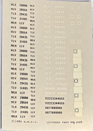 #1028 Louver Vans:  MLK, LLV, HLX, HLV  TLX TLV. Codes, Letters & numbers; Ozzy NSWGR Decals