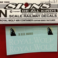SOAK 108 N Scale ROYAL WOLF 48ft container decal curtain sided TAUTLINER. decal N SCALE