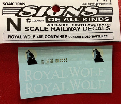 SOAK 108 N Scale ROYAL WOLF 48ft container decal curtain sided TAUTLINER. decal N SCALE