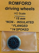 Wheel 15 mm dia, 14 Spoked NON-INSULATED - FLANGED DRIVING WHEELS - ROMFORD-MARKITS **