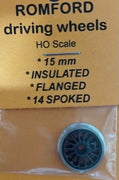 ROMFORD 15 mm dia, 14 Spoked INSULATED - FLANGED DRIVING WHEELS