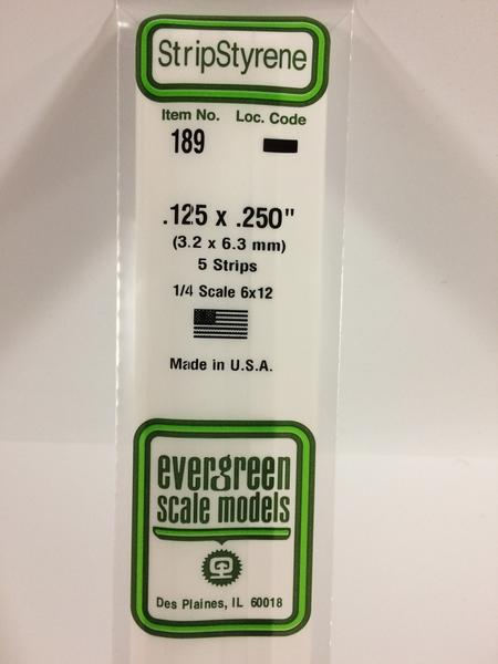 Evergreen - 189 .125''  x .250" (3.2 x 6.3 mm) 1/4 scale 6x12
