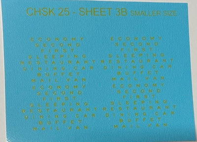 CHSK 25Y 1 mm High Letters in Yellow  - 4 X ECONOMY, 4 X SECOND, 4 X SLEEPING, 4 X RESTAURANT, 4 X DINING CAR, 4 X BUFFET, 4 X MAIL VAN. HO OZZY PASSENGER CAR DECAL :