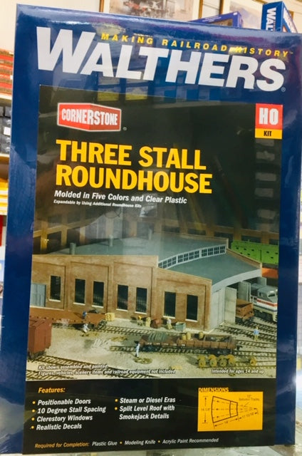 Walthers: THREE STALL ROUNDHOUSE KIT, #933-3041 HOLDS ENGINES UP TO 13" LONG. HO