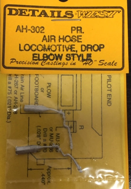 DETAILS WEST AH-302 HO: AIR HOSE #AH302 LOCOMOTIVE DROP ELBOW STYLE (2) **