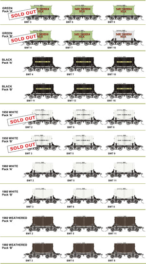 BMT SDS Models: NSWGR: BMT Milk Tank Car: DAIRY FARMERS MILK  on side of the tank Pack B