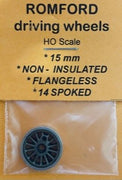 Wheels 15 mm dia, 14 Spoked NON-INSULATED FLANGELESS DRIVING WHEELS - ROMFORD-MARKITS **