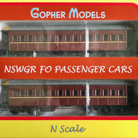 NSWGR 'N scale ' FO Indian Red Suburban PASSENGER CARS, SILVER/YELLOW END Roof, Two car pack. GOPHER