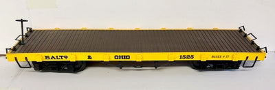 G Scale Flat Wagon BALTO-OHIO Yellow with Brown Deck Kadee type couplers, BACHMANN #G1.
