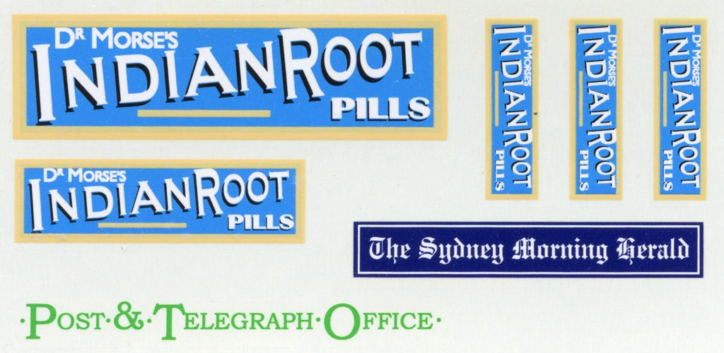 GVB 007 Gwydir Valley Models -  Dr. Morse's Indian Root Pills (Blue/Yellow): - 3 sizes also Post and Telegraph Office in green and Sydney Morning Herald.  Heritage Billboard Decals
