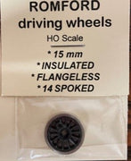 Wheels 15 mm dia, 14 Spoked INSULATED FLANGELESS DRIVING WHEELS - ROMFORD-MARKITS **