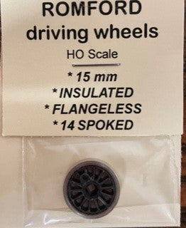 Wheels 15 mm dia, 14 Spoked INSULATED FLANGELESS DRIVING WHEELS - ROMFORD